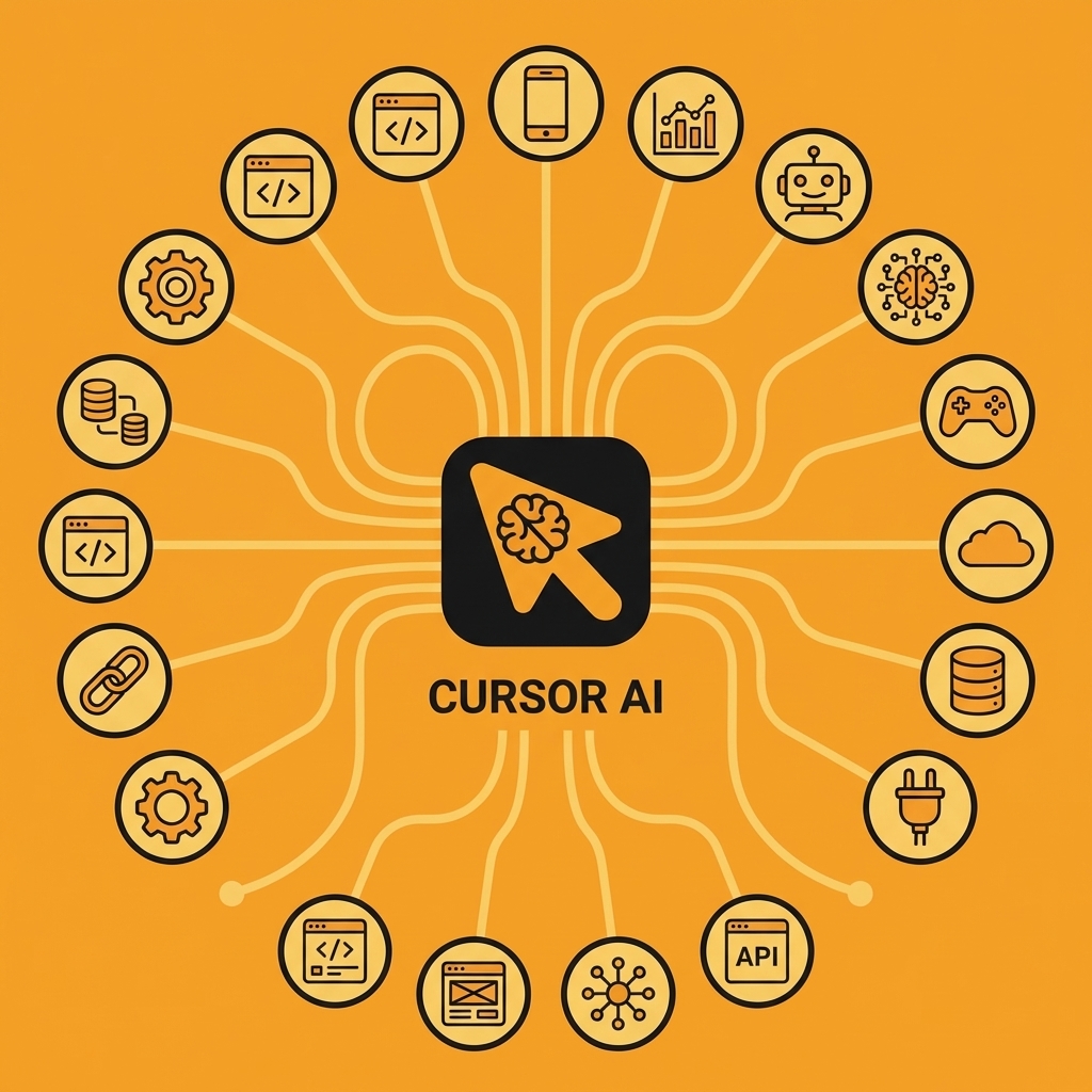 Central Cursor icon connected to multiple project category icons representing the 100+ projects available